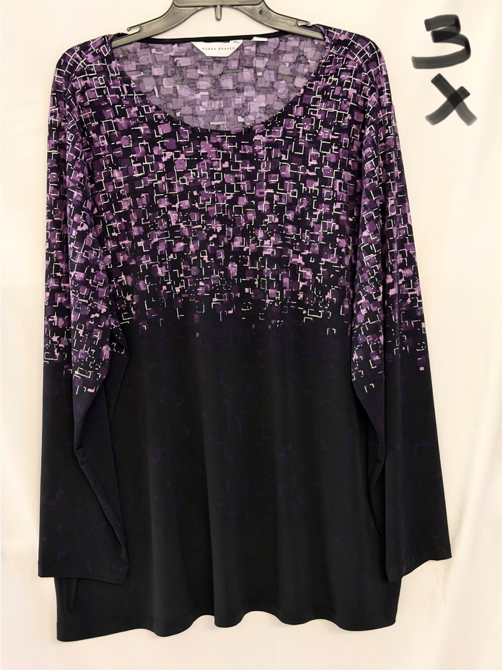 Susan Graver Black and Purple Long-Sleeve Scoop Neck Top
